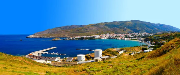 Panoramiczny Widok Port Plaży Nemporio Starym Mieście Chora Andros Słynnej — Zdjęcie stockowe