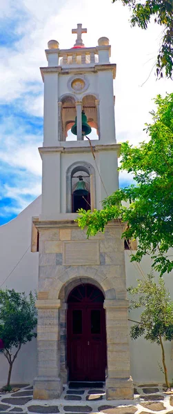 Encantadora Capilla Católica Una Estrecha Calle Mykonos Grecia Isla Las — Foto de Stock