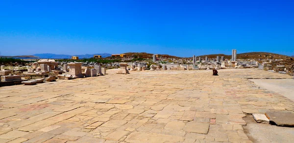 view of the ancient agora in the archaeological city of Delos Island, near Mykonos, beautiful Cycladic island, in the heart of the Aegean Sea
