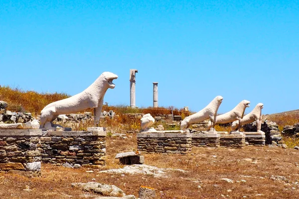 Vista Famosa Avenida Leões Cidade Arqueológica Delos Island Perto Mykonos — Fotografia de Stock