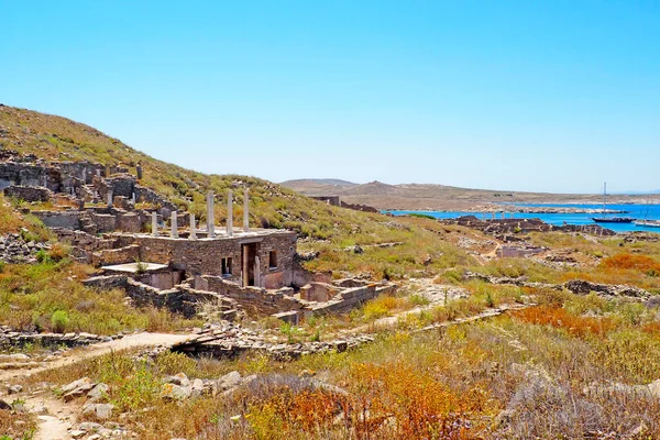 Vista Templo Poseidon Cidade Arqueológica Delos Island Perto Mykonos Bela — Fotografia de Stock