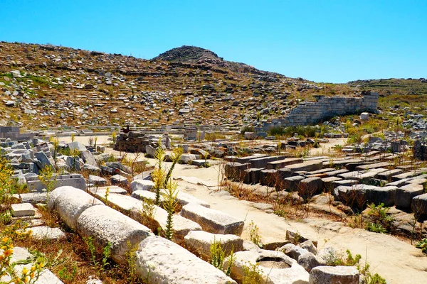 Vista Panorâmica Antigo Teatro Cidade Arqueológica Delos Island Perto Mykonos — Fotografia de Stock