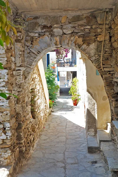 キクラデス諸島では エーゲ海の中心部に位置するアガピ村は を意味し ティノスで最も古い村の一つです 石造りの家 狭い通り 花の階段 印象的なアーケードがある伝統的な村です — ストック写真