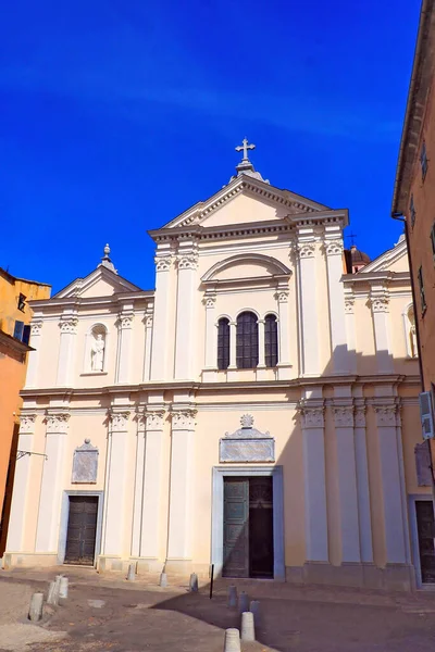 stock image Sainte-Marie Cathedral is dedicated to the Assumption of the Virgin. It dominates the old port of Bastia, nicknamed in Corsica the island of beauty, and houses an extraordinary processional statue of the Virgin in silver dated 1852