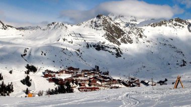 View of the famous ski resort of La Plagne-Bellecote in the heart of the French Alps in the Tarentaise valley at the foot of Mont Blanc clipart