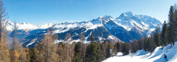 stock image Panoramic view of the ski slopes of the famous La Plagne-Bellecote ski resort in the heart of the French Alps in the Tarentaise valley at the foot of Mont Blanc