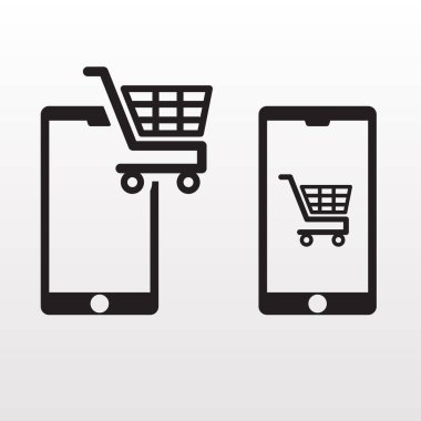 Alışveriş arabası ikonu, tramvay, cep telefonu, cep telefonu, internet mağazası. soyut illüstrasyon