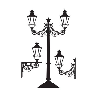 Klasik Bahçe Lambası Silueti. Beyaz arkaplanda izole edilmiş tasarım biçiminin sokak ışığı çizimi.