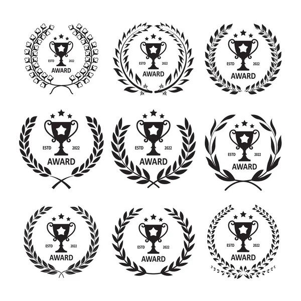 Winner Trophy Silhouette Icon Laurel Wreath Set Vector Illustration Black — Stock Vector