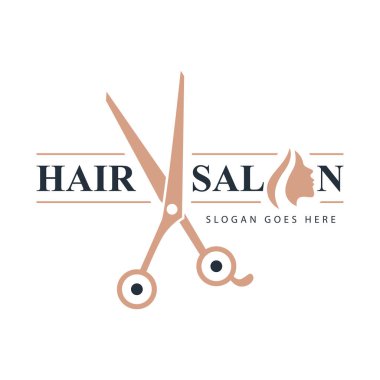 Beautiful salon logo design template. Hairstyle, beauty haircut with scissors vector and woman face.