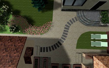 Small garden design. Landscape composition of plants, lawn and paths. An interesting solution in regular lines. Computer visualization for the improvement of private territory.