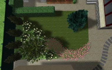 Small garden design. Landscape composition of plants, lawn and paths. An interesting solution in regular lines. Computer visualization for the improvement of private territory.