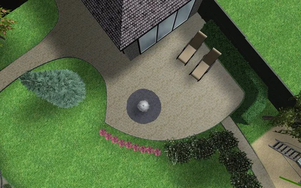 Small garden design. Landscape composition of plants, lawn and paths. An interesting solution in regular lines. Computer visualization for the improvement of private territory.