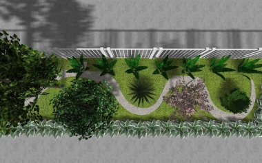 Bahçe çiziminin 3 boyutlu görüntüsü. Özel bir evin yakınındaki bölgede fayanslardan yapılmış bir patika. Düzenli satırlarda ilginç bir çözüm.