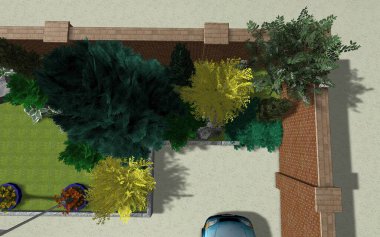 Bahçe çiziminin 3 boyutlu görüntüsü. Özel bir evin yakınındaki bölgede fayanslardan yapılmış bir patika. Düzenli satırlarda ilginç bir çözüm.