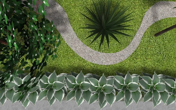 3d image of the garden plot design. A path made of tiles around the territory near a private house. An interesting solution in regular lines.