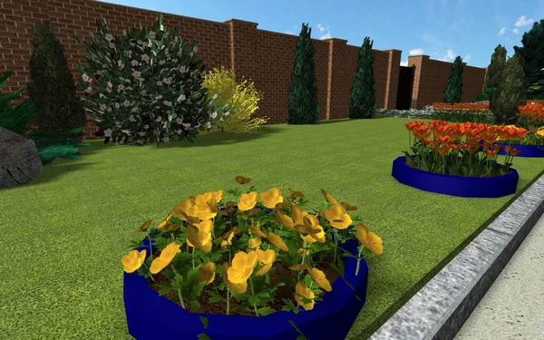 3d image of the garden plot design. A path made of tiles around the territory near a private house. An interesting solution in regular lines.