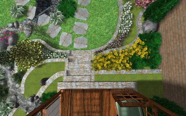 Küçük bahçe tasarımının 3 boyutlu görüntüsü. Özel bir evin yakınında bitkiler olan taş teras. Düz çizgilerde ilginç bir çözüm.