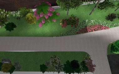 Bahçe planının 3 boyutlu görüntüsü. Özel bir evin yakınındaki bölgede fayanslardan yapılmış bir patika.. 