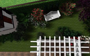 Bahçe planının 3 boyutlu görüntüsü. Özel bir evin yakınındaki bölgede fayanslardan yapılmış bir patika.. 