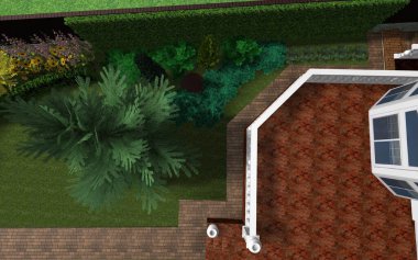 Bahçe planının 3 boyutlu görüntüsü. Özel bir evin yakınındaki bölgede fayanslardan yapılmış bir patika.. 