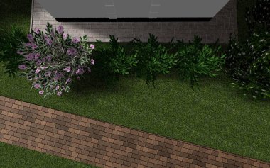 Bahçe planının 3 boyutlu görüntüsü. Özel bir evin yakınındaki bölgede fayanslardan yapılmış bir patika.. 