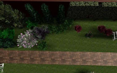 Bahçe planının 3 boyutlu görüntüsü. Özel bir evin yakınındaki bölgede fayanslardan yapılmış bir patika.. 