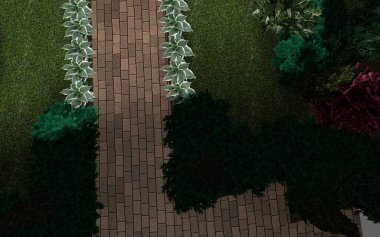 Bahçe planının 3 boyutlu görüntüsü. Özel bir evin yakınındaki bölgede fayanslardan yapılmış bir patika.. 