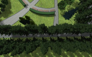 Şehir meydanının peyzaj tasarımının 3 boyutlu görüntüsü. Küçük bir bahçenin bilgisayar görüntüsü.