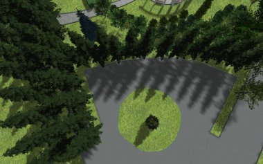 Şehir meydanının peyzaj tasarımının 3 boyutlu görüntüsü. Küçük bir bahçenin bilgisayar görüntüsü.