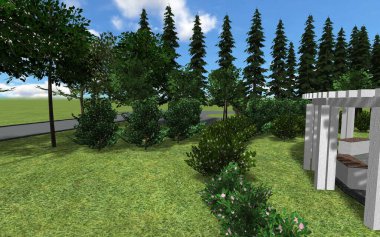 Şehir meydanının peyzaj tasarımının 3 boyutlu görüntüsü. Küçük bir bahçenin bilgisayar görüntüsü.