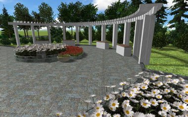 Şehir meydanının peyzaj tasarımının 3 boyutlu görüntüsü. Küçük bir bahçenin bilgisayar görüntüsü.