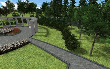 Şehir meydanının peyzaj tasarımının 3 boyutlu görüntüsü. Küçük bir bahçenin bilgisayar görüntüsü.