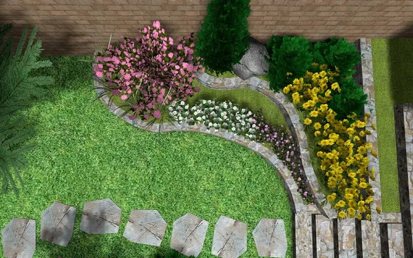 Изображение Небольшого Садового Дизайна Каменная Терраса Растениями Возле Частного Дома — стоковое фото