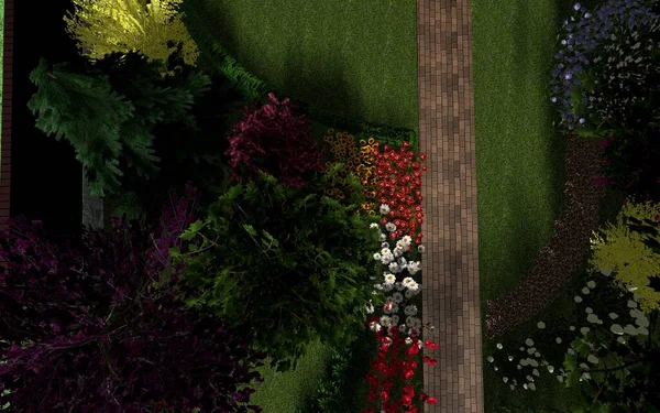 Bahçe planının 3 boyutlu görüntüsü. Özel bir evin yakınındaki bölgede fayanslardan yapılmış bir patika.. 