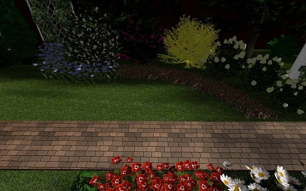 Bahçe planının 3 boyutlu görüntüsü. Özel bir evin yakınındaki bölgede fayanslardan yapılmış bir patika.. 