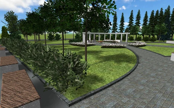 3d image of the landscape design of the city square. Computer visualization of a small garden plot.