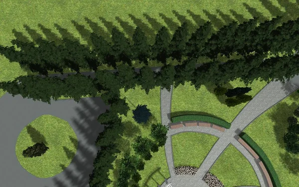 3d image of the landscape design of the city square. Computer visualization of a small garden plot.
