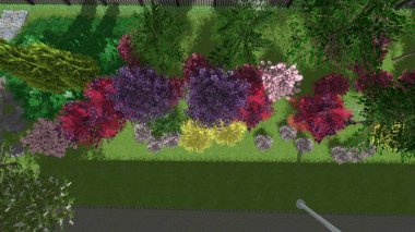 Modern peyzaj mimarisinin 3 boyutlu çizimi. Kesilmiş kenarları haç şeklinde olan modüler bahçe. Peyzaj tasarımının arkaplan bilgisayarı çizimi.