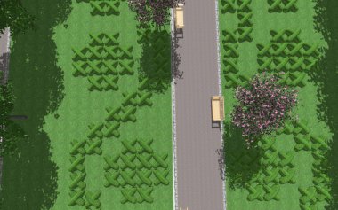 Modern peyzaj mimarisinin 3 boyutlu çizimi. Kesilmiş kenarları haç şeklinde olan modüler bahçe. Peyzaj tasarımının arkaplan bilgisayarı çizimi.