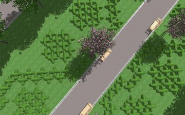 Modern peyzaj mimarisinin 3 boyutlu çizimi. Kesilmiş kenarları haç şeklinde olan modüler bahçe. Peyzaj tasarımının arkaplan bilgisayarı çizimi.