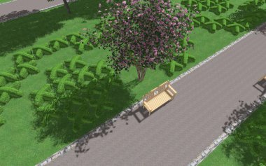 Modern peyzaj mimarisinin 3 boyutlu çizimi. Kesilmiş kenarları haç şeklinde olan modüler bahçe. Peyzaj tasarımının arkaplan bilgisayarı çizimi.