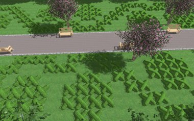 Modern peyzaj mimarisinin 3 boyutlu çizimi. Kesilmiş kenarları haç şeklinde olan modüler bahçe. Peyzaj tasarımının arkaplan bilgisayarı çizimi.