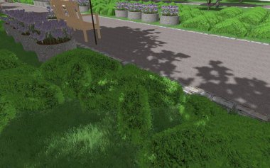 Modern peyzaj mimarisinin 3 boyutlu çizimi. Kesilmiş kenarları haç şeklinde olan modüler bahçe. Peyzaj tasarımının arkaplan bilgisayarı çizimi.