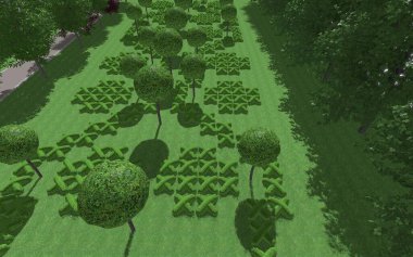 Modern peyzaj mimarisinin 3 boyutlu çizimi. Kesilmiş kenarları haç şeklinde olan modüler bahçe. Peyzaj tasarımının arkaplan bilgisayarı çizimi.