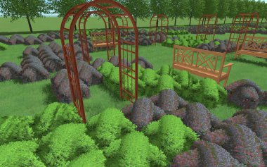 Modern peyzaj mimarisinin 3 boyutlu çizimi. Kesilmiş kenarları haç şeklinde olan modüler bahçe. Peyzaj tasarımının arkaplan bilgisayarı çizimi.