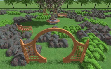 Modern peyzaj mimarisinin 3 boyutlu çizimi. Kesilmiş kenarları haç şeklinde olan modüler bahçe. Peyzaj tasarımının arkaplan bilgisayarı çizimi.