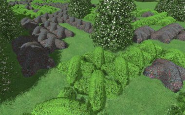 Modern peyzaj mimarisinin 3 boyutlu çizimi. Kesilmiş kenarları haç şeklinde olan modüler bahçe. Peyzaj tasarımının arkaplan bilgisayarı çizimi.