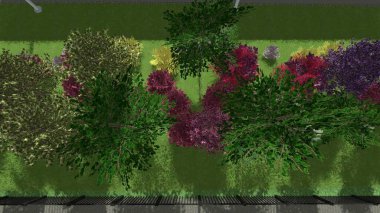 Modern peyzaj mimarisinin 3 boyutlu çizimi. Peyzaj tasarımının arkaplan bilgisayarı. Farklı çim yüzeylerinin düz çizgilerle karşıt bileşimi.