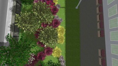 Modern peyzaj mimarisinin 3 boyutlu çizimi. Peyzaj tasarımının arkaplan bilgisayarı. Farklı çim yüzeylerinin düz çizgilerle karşıt bileşimi.